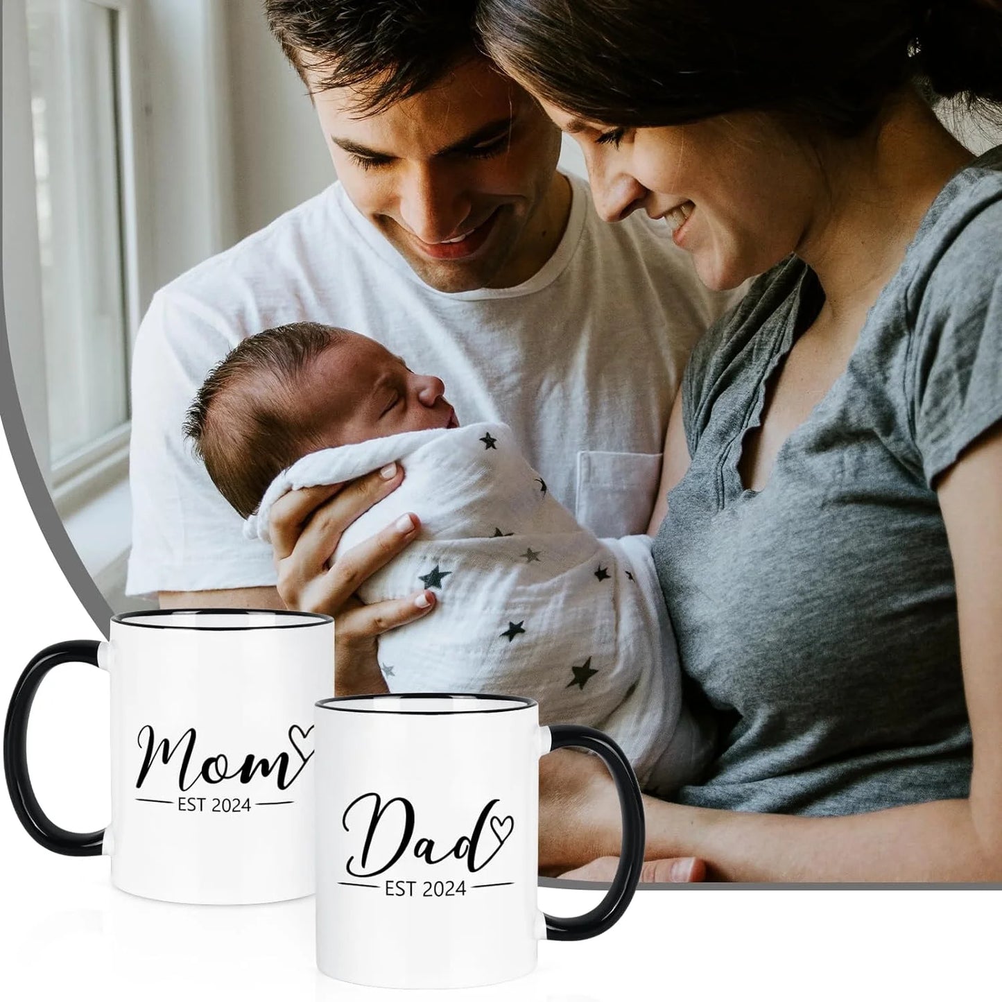 Gifts for Mom and Dad Mugs - Mom Dad Est 2024 Mugs Set, Gifts for New Parents, Mom Dad Gifts, Christmas Gifts,  Black Handle White Cup Body 11 Fl Oz Coffee Mugs Ceramic Mugs Set