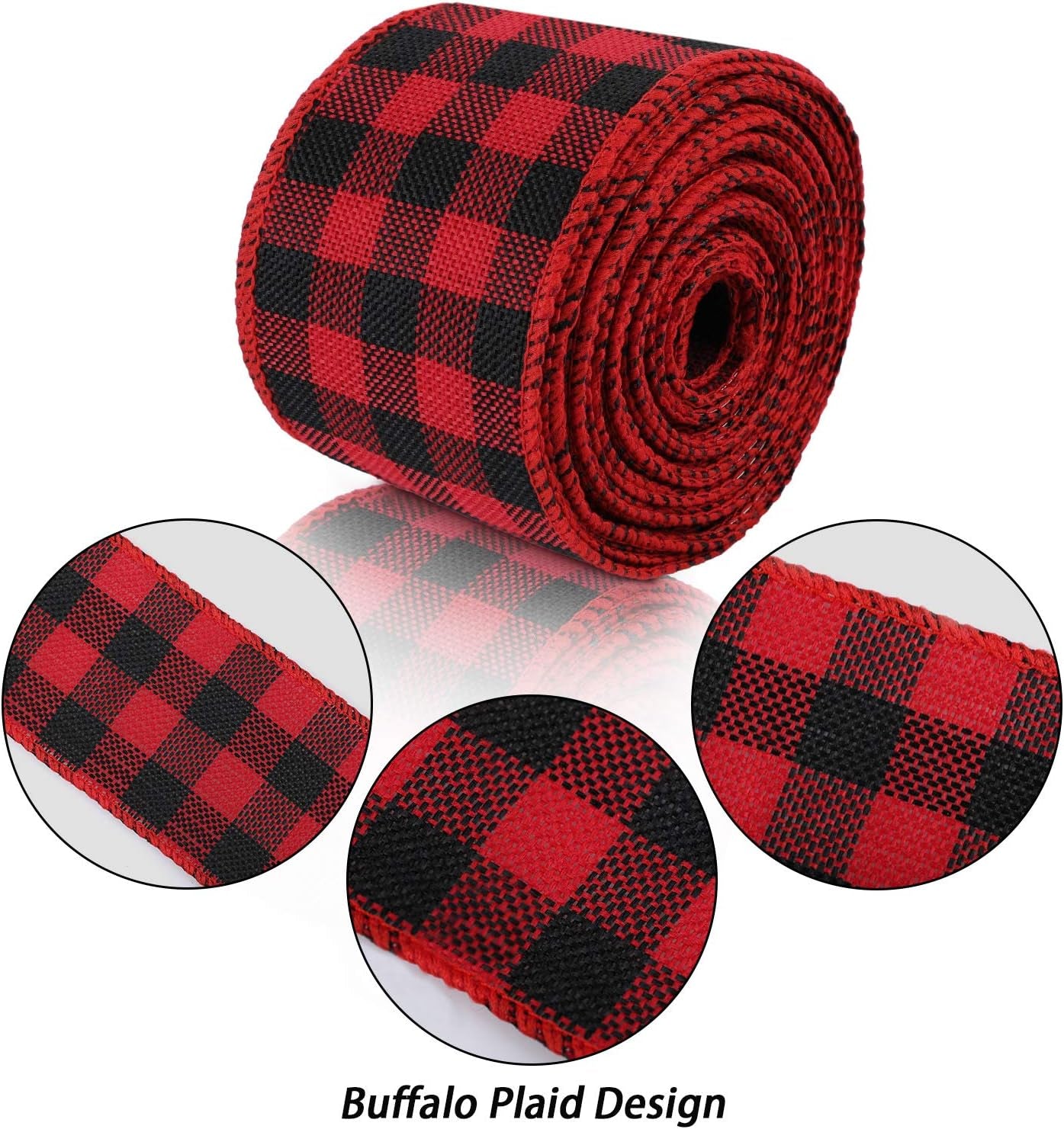 3 Rolls Buffalo Plaid Burlap Wired Ribbon Weave Ribbon with Wired Edge Bows Craft Decoration for Big Bow Wreath Tree Decoration Outdoor (Black and Red Plaid,1.34, 2.4, 1.77 Inches)