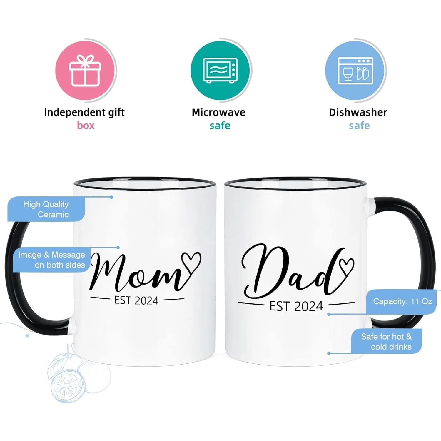 Gifts for Mom and Dad Mugs - Mom Dad Est 2024 Mugs Set, Gifts for New Parents, Mom Dad Gifts, Christmas Gifts,  Black Handle White Cup Body 11 Fl Oz Coffee Mugs Ceramic Mugs Set