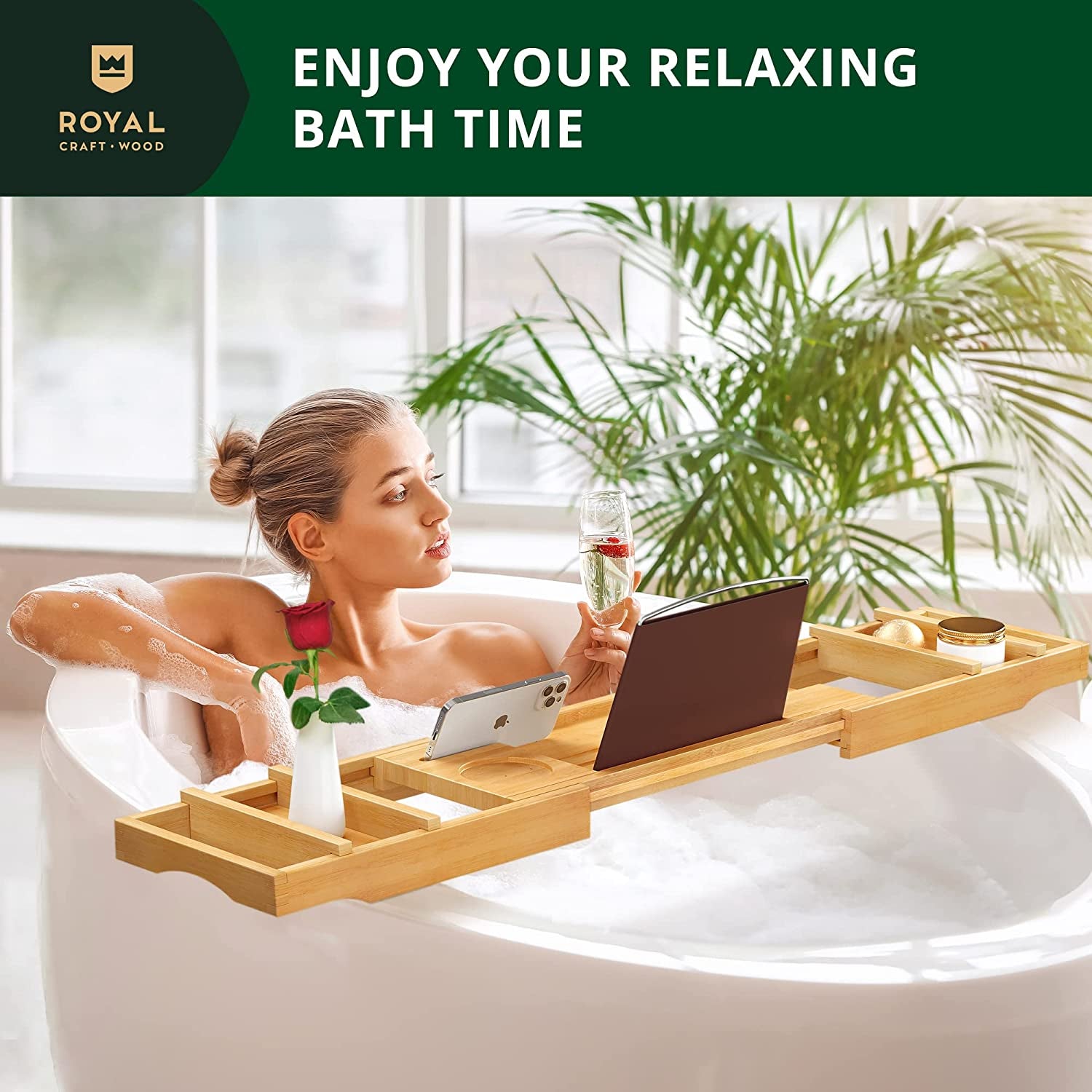 Premium Foldable Bathtub Tray - Wood Bath Tray for Tub, Bamboo Bathtub Shelf, Expandable Bath Table Tray, Luxury Bathtub & Bathroom Accessories for New Home & Unique Gift for Women