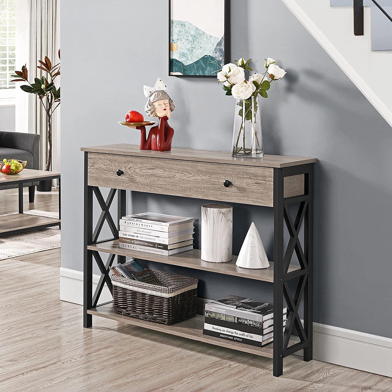 Console Table with Drawer, Entryway Table with 3 Tier Storage Shelves, Narrow Long Sofa Table for Entryway, Living Room, Hallway, Couch, Kitchen, Metal Frame, Gray