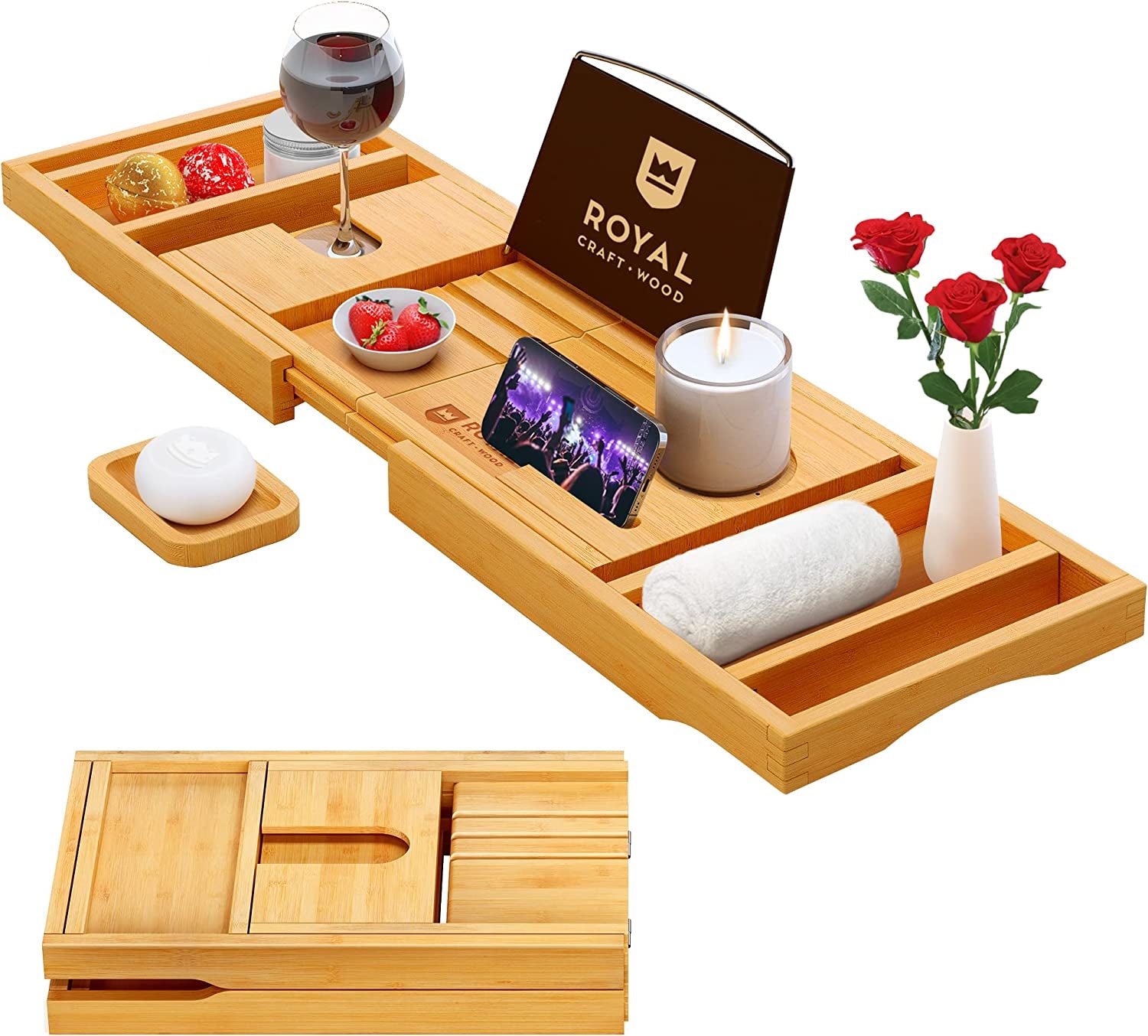 Premium Foldable Bathtub Tray - Wood Bath Tray for Tub, Bamboo Bathtub Shelf, Expandable Bath Table Tray, Luxury Bathtub & Bathroom Accessories for New Home & Unique Gift for Women