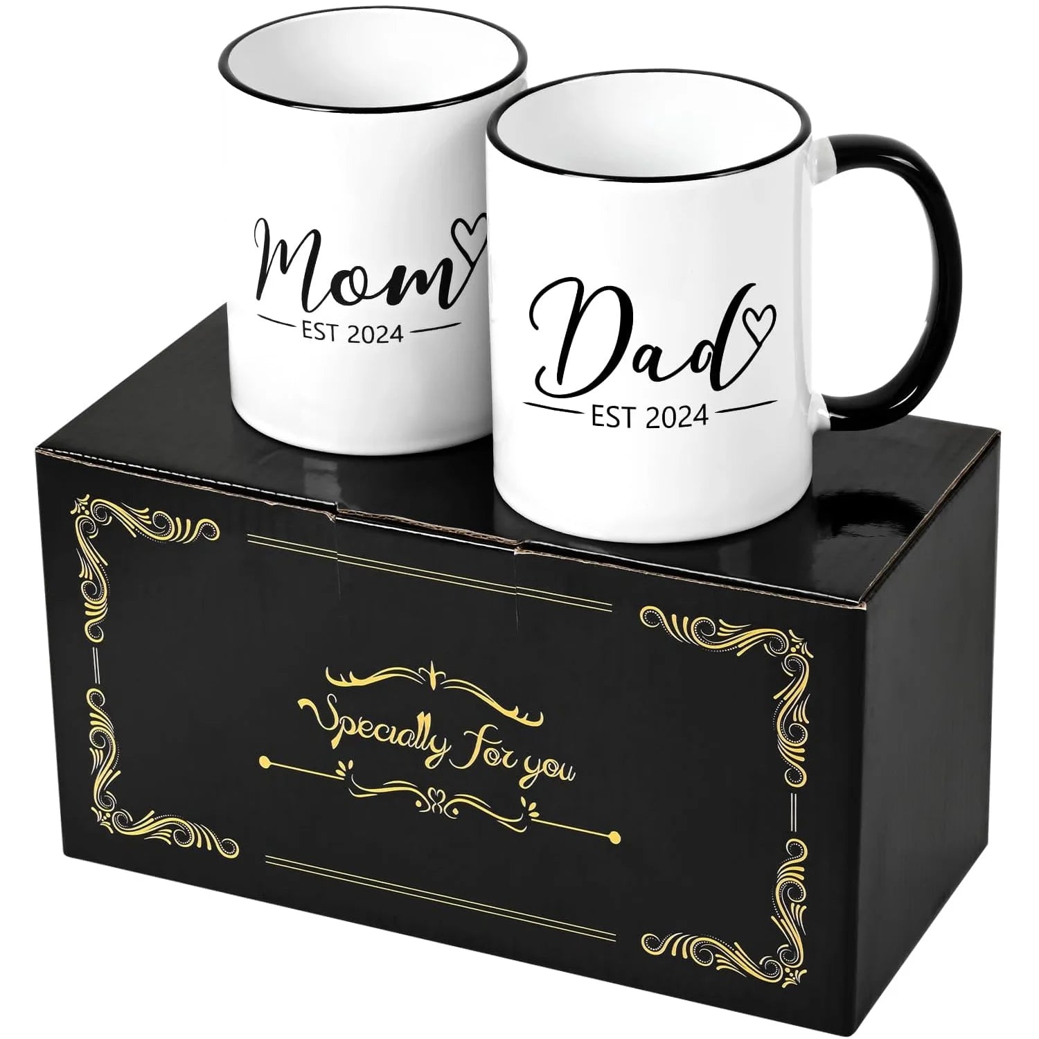 Gifts for Mom and Dad Mugs - Mom Dad Est 2024 Mugs Set, Gifts for New Parents, Mom Dad Gifts, Christmas Gifts,  Black Handle White Cup Body 11 Fl Oz Coffee Mugs Ceramic Mugs Set