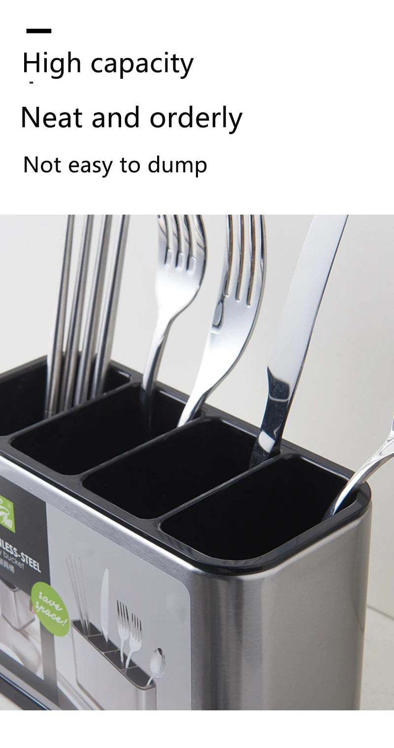 Stainless Steel Tableware Storage Box Multi-Grid Knife Chopsticks Spoon Cookware Rack Plastic Drain Tray Kitchen Accessories