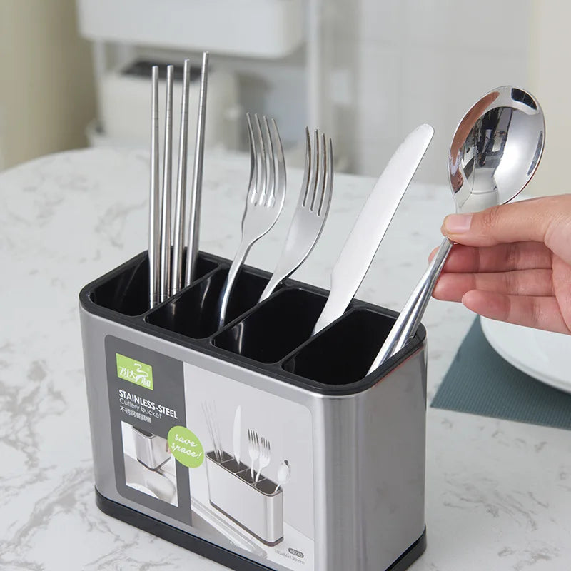 Stainless Steel Tableware Storage Box Multi-Grid Knife Chopsticks Spoon Cookware Rack Plastic Drain Tray Kitchen Accessories