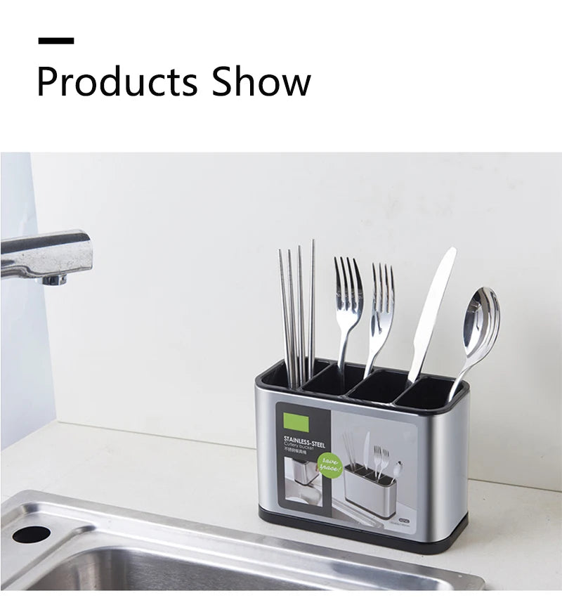 Stainless Steel Tableware Storage Box Multi-Grid Knife Chopsticks Spoon Cookware Rack Plastic Drain Tray Kitchen Accessories