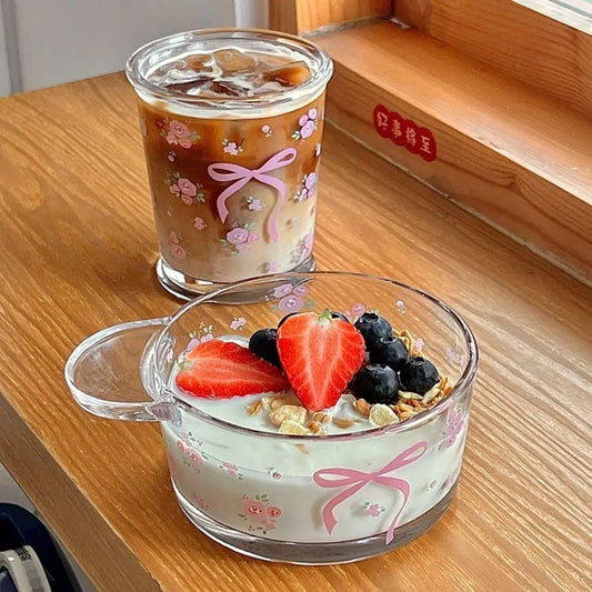 Bow Knot Glass Cup DIY Fragmented Flowers Drinkware Glass Bowl Cold Extract Cup for Summer