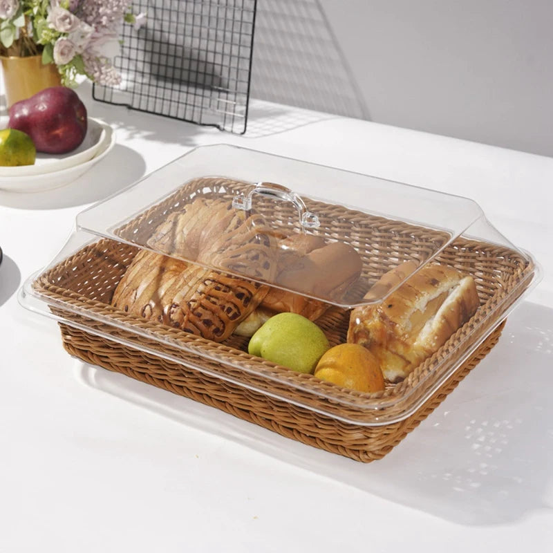 Woven Rattan Basket Bread Basket with Acrylic Lid Tabletop Woven Fruit Basket with Cover Imitation Rattan Bread Basket Decor