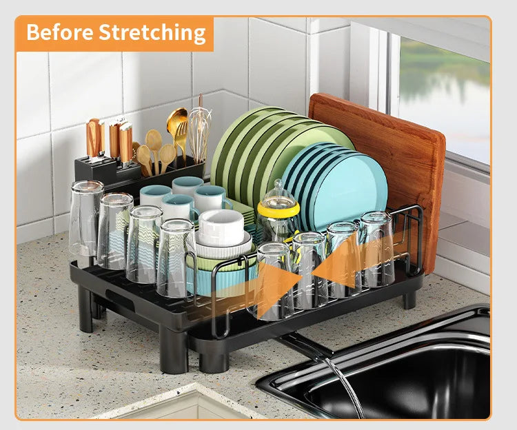 Dish Drying Rack, Dish Rack with Drainboard, Kitchen Expandable Dish Drying Rack with Rotatable Swivel Spout and Utensil Holder