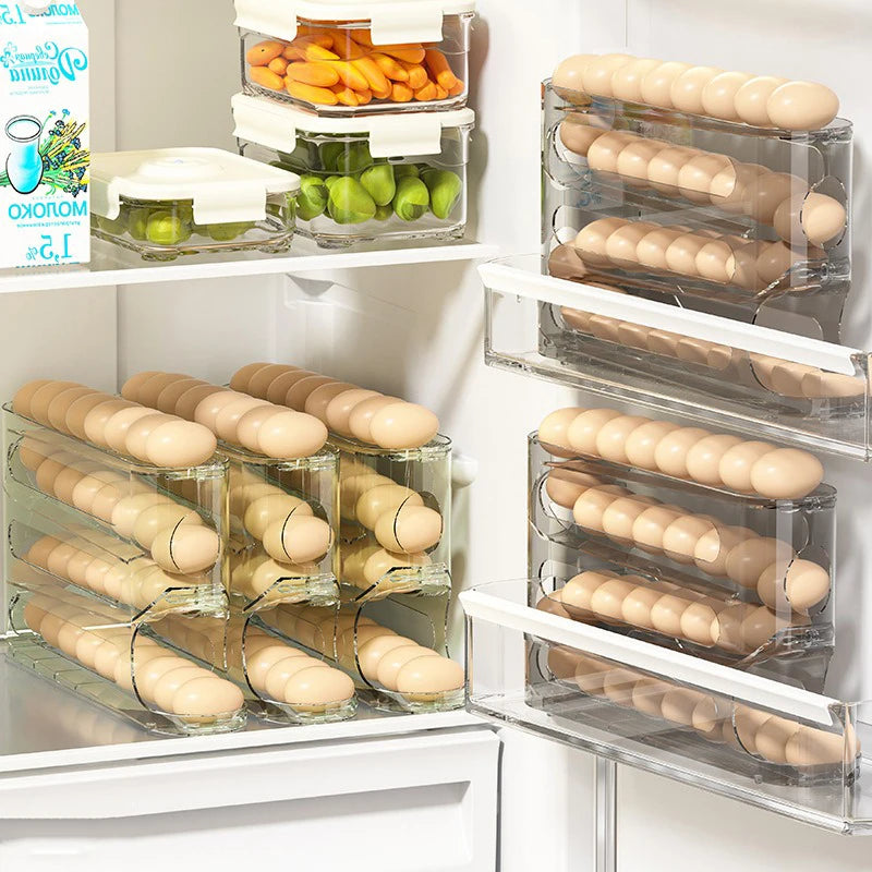 4 Layers Automatic Rolling Egg Holder Rack Fridge Egg Storage Box Container Kitchen Refrigerator Egg Dispenser Fridge Organizer