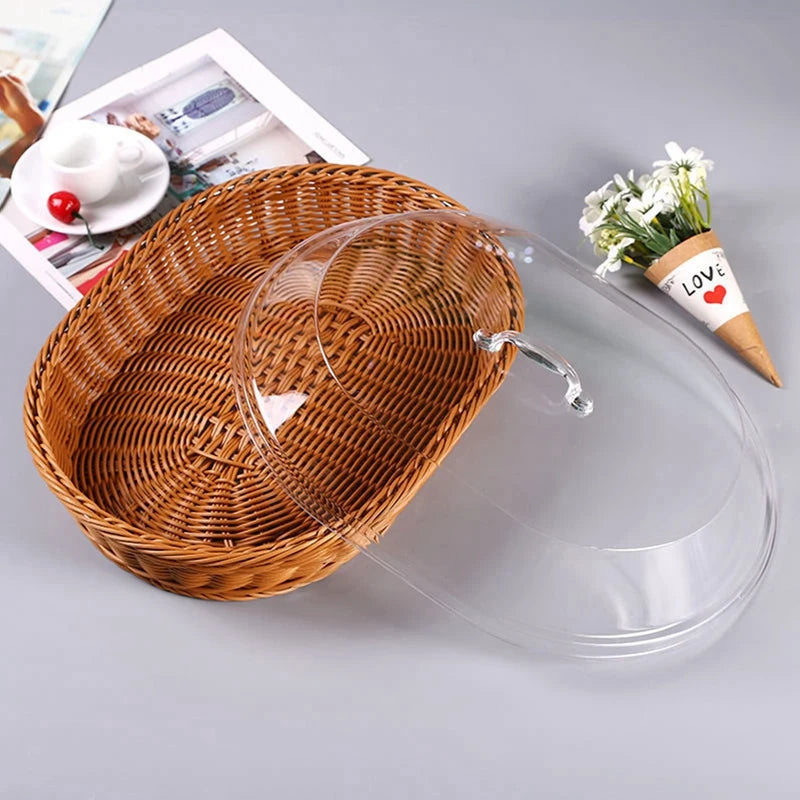 Woven Rattan Basket Bread Basket with Acrylic Lid Tabletop Woven Fruit Basket with Cover Imitation Rattan Bread Basket Decor