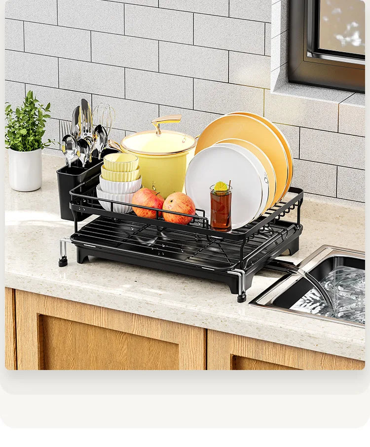 Dish Drying Rack, Dish Rack with Drainboard, Kitchen Expandable Dish Drying Rack with Rotatable Swivel Spout and Utensil Holder