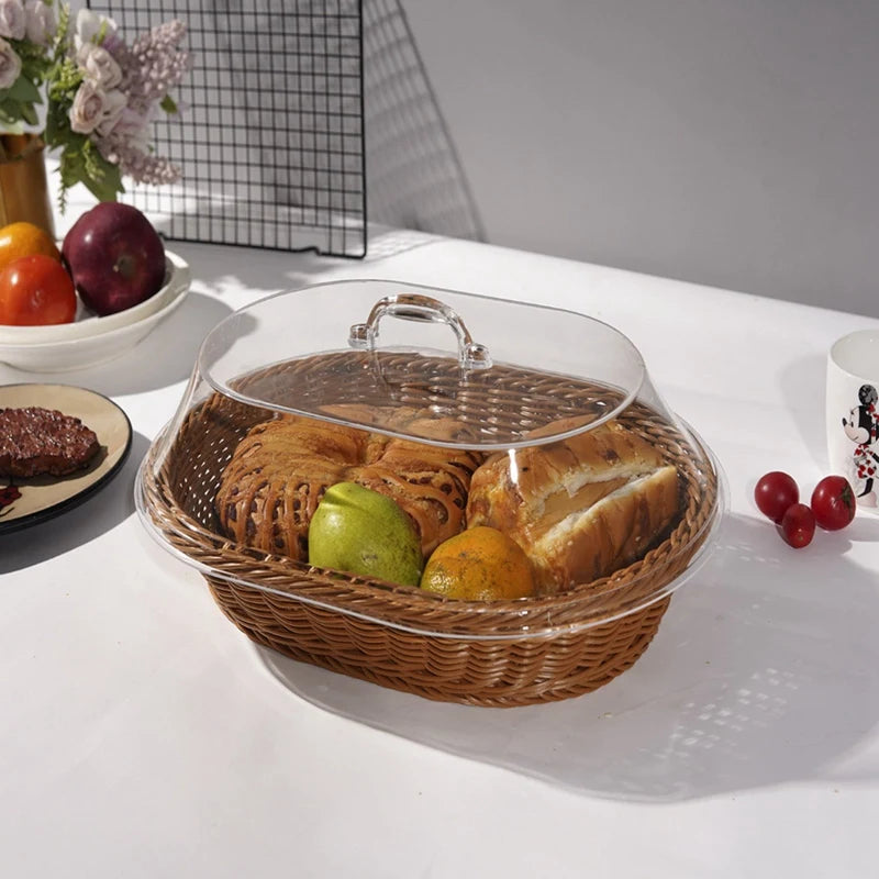 Woven Rattan Basket Bread Basket with Acrylic Lid Tabletop Woven Fruit Basket with Cover Imitation Rattan Bread Basket Decor