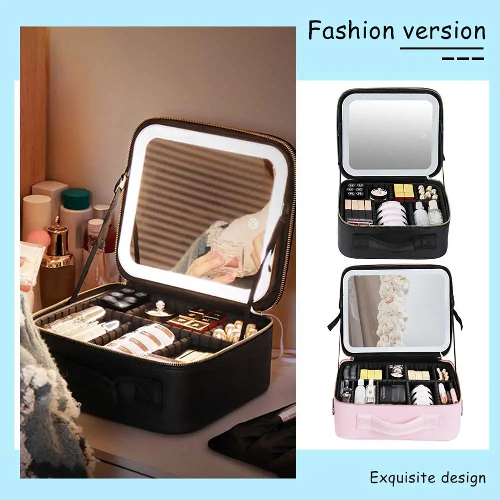 Smart LED Cosmetic Case with Mirror Cosmetic Bag Travel Makeup Bags for Women Fashion Portable Storage Bag Travel Makeup Bags