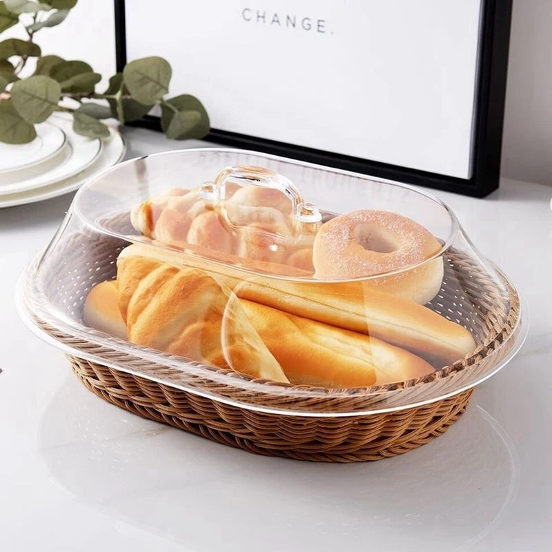 Woven Rattan Basket Bread Basket with Acrylic Lid Tabletop Woven Fruit Basket with Cover Imitation Rattan Bread Basket Decor