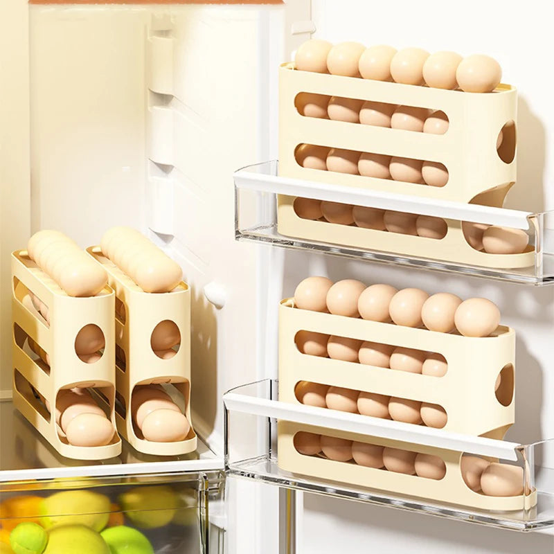 4 Layers Automatic Rolling Egg Holder Rack Fridge Egg Storage Box Container Kitchen Refrigerator Egg Dispenser Fridge Organizer