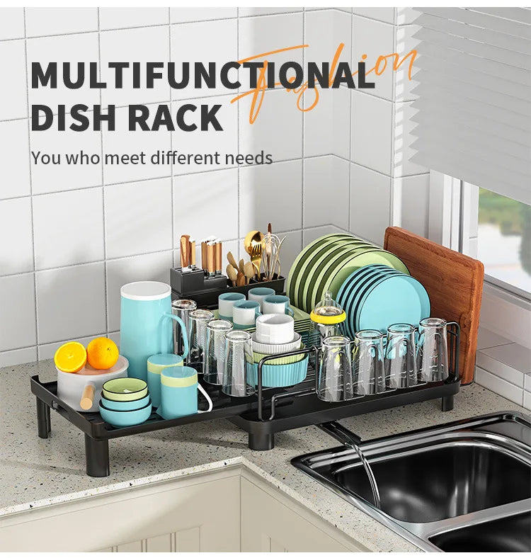 Dish Drying Rack, Dish Rack with Drainboard, Kitchen Expandable Dish Drying Rack with Rotatable Swivel Spout and Utensil Holder