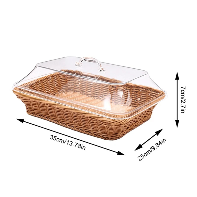 Woven Rattan Basket Bread Basket with Acrylic Lid Tabletop Woven Fruit Basket with Cover Imitation Rattan Bread Basket Decor