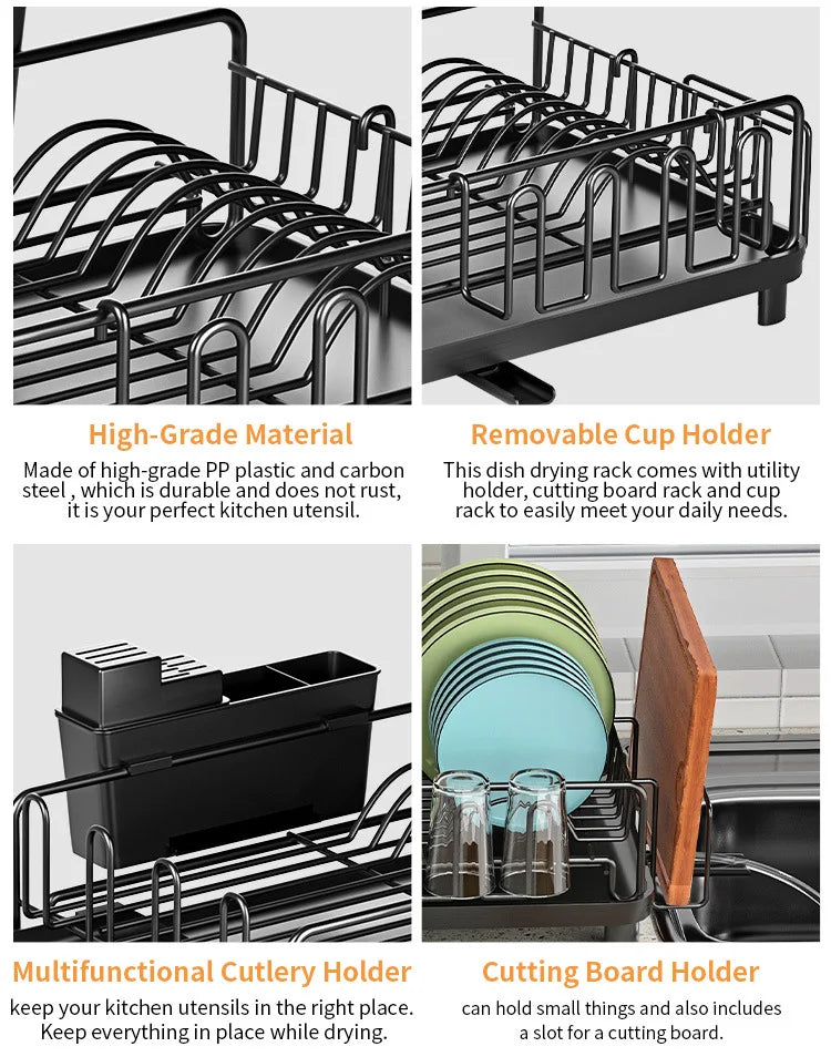 Dish Drying Rack, Dish Rack with Drainboard, Kitchen Expandable Dish Drying Rack with Rotatable Swivel Spout and Utensil Holder