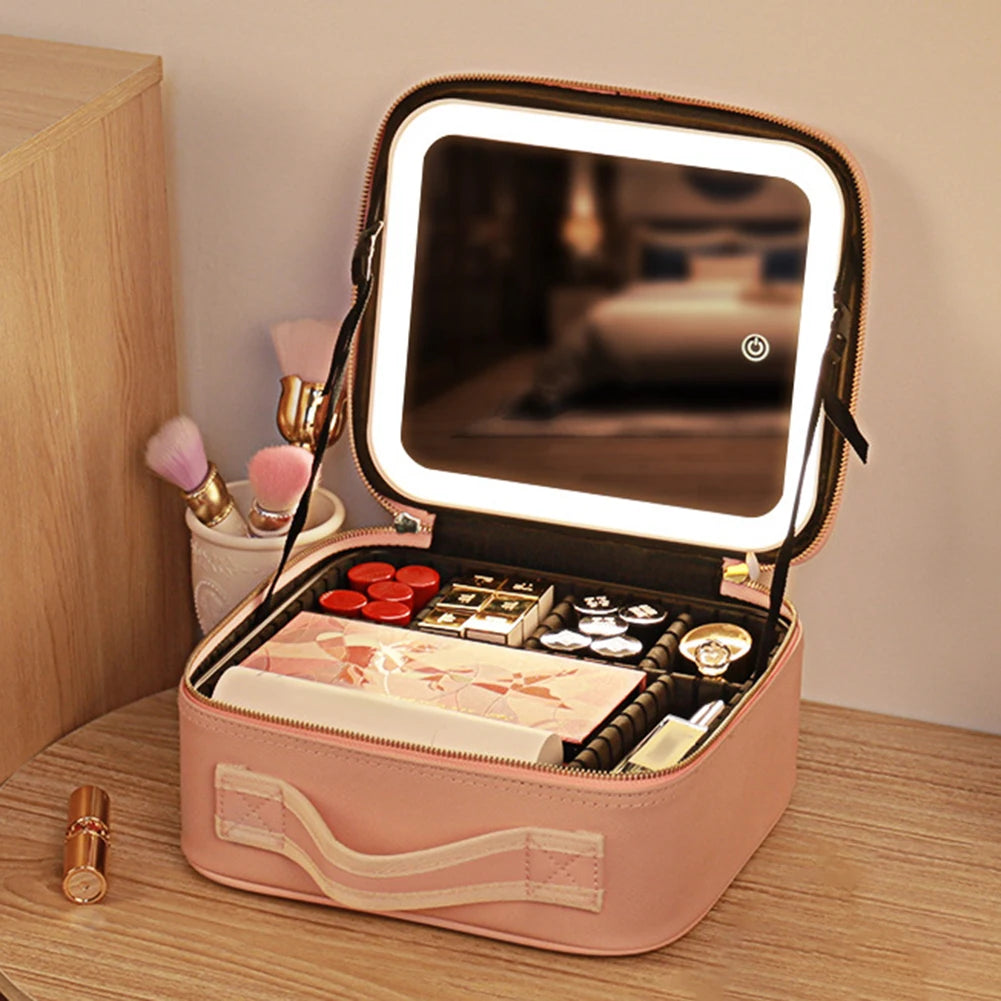 Smart LED Cosmetic Case with Mirror Cosmetic Bag Travel Makeup Bags for Women Fashion Portable Storage Bag Travel Makeup Bags