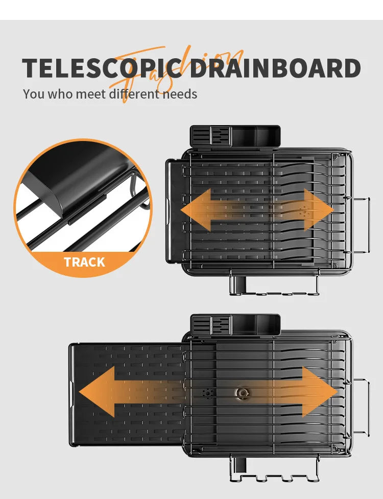 Dish Drying Rack, Dish Rack with Drainboard, Kitchen Expandable Dish Drying Rack with Rotatable Swivel Spout and Utensil Holder