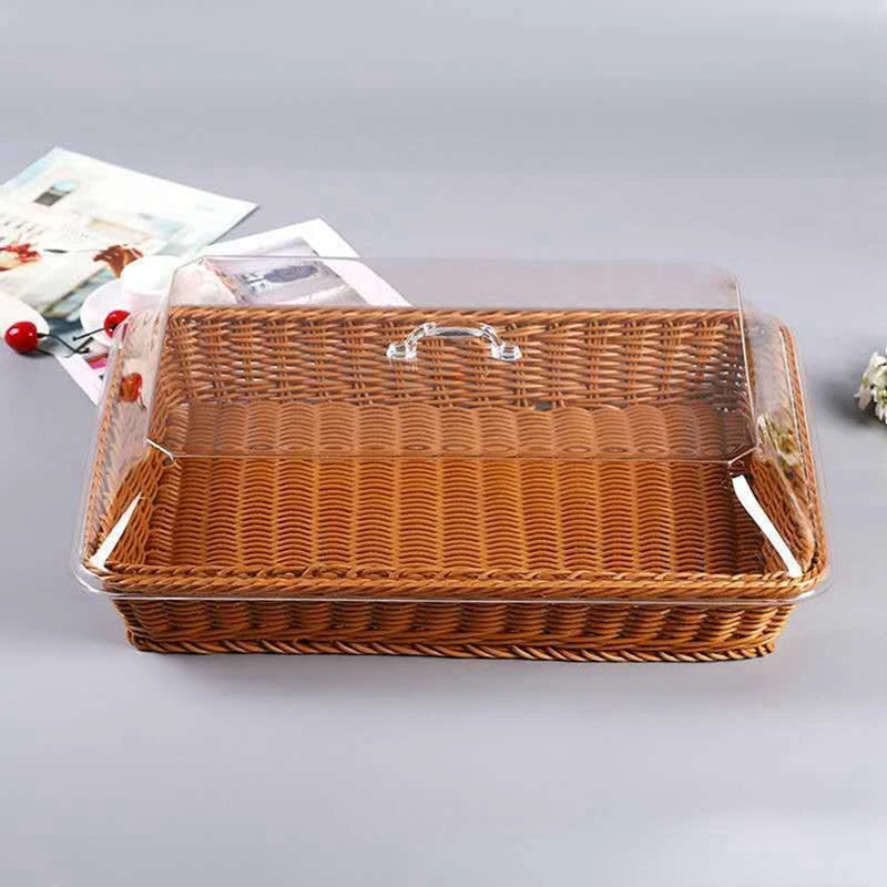 Woven Rattan Basket Bread Basket with Acrylic Lid Tabletop Woven Fruit Basket with Cover Imitation Rattan Bread Basket Decor