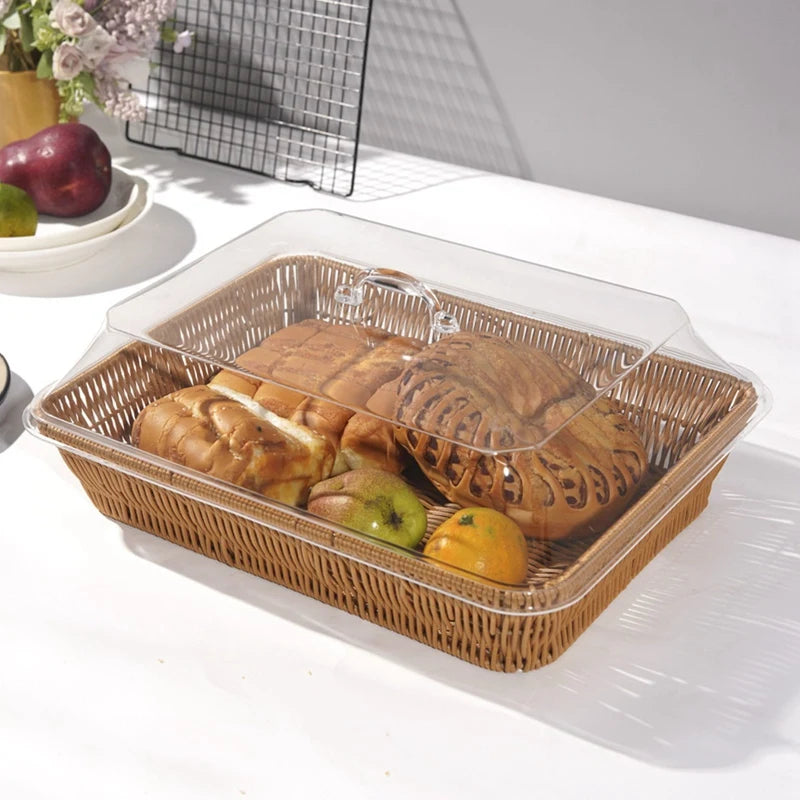 Woven Rattan Basket Bread Basket with Acrylic Lid Tabletop Woven Fruit Basket with Cover Imitation Rattan Bread Basket Decor