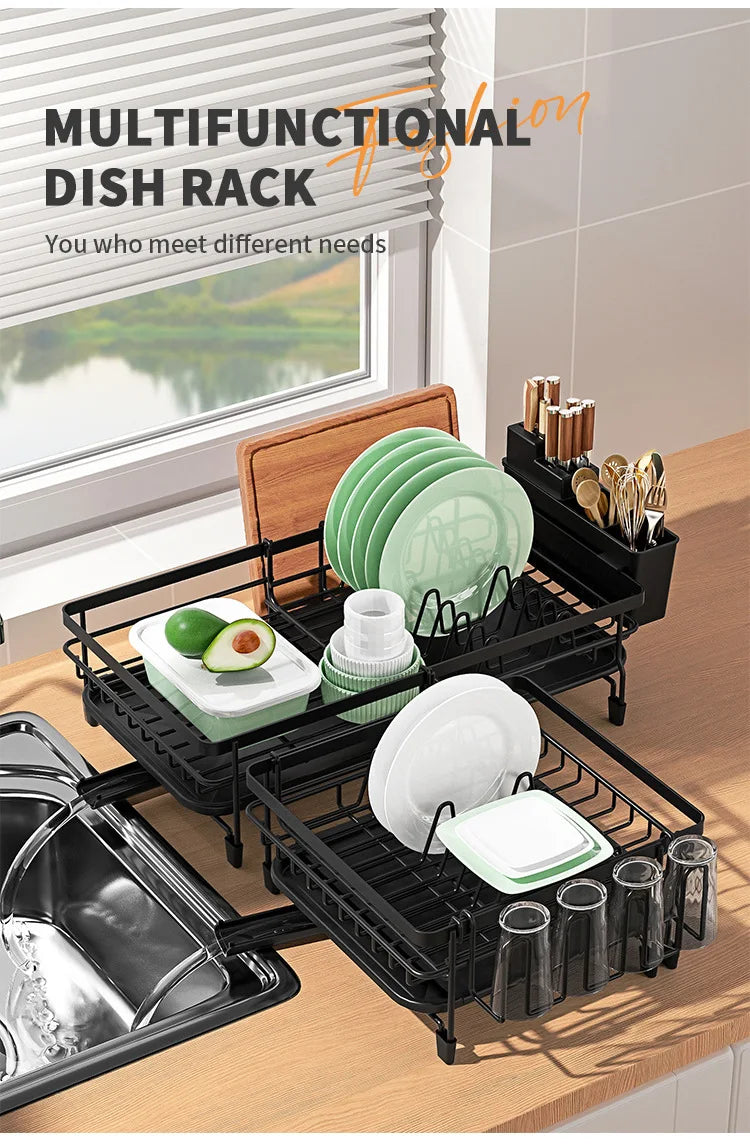 Dish Drying Rack, Dish Rack with Drainboard, Kitchen Expandable Dish Drying Rack with Rotatable Swivel Spout and Utensil Holder