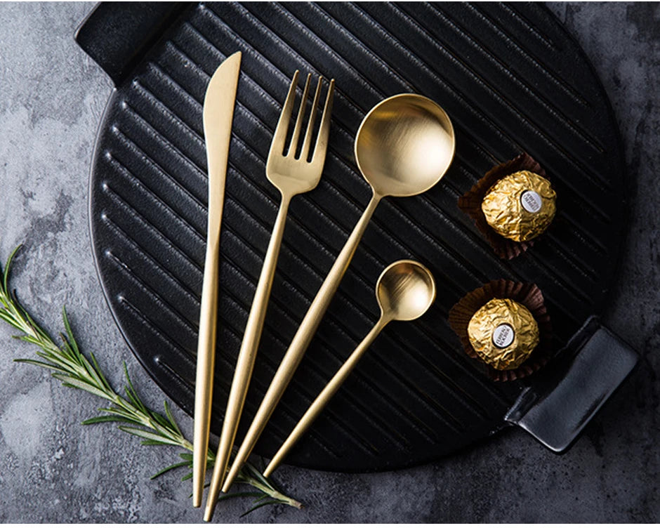 24Pcs Stainless Steel Dinnerware Set Black Gold Cutlery Spoon Fork Knife Western Cutleri Silverware Flatware Tableware Supplies