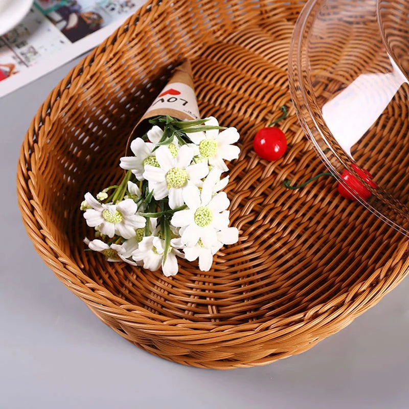 Woven Rattan Basket Bread Basket with Acrylic Lid Tabletop Woven Fruit Basket with Cover Imitation Rattan Bread Basket Decor