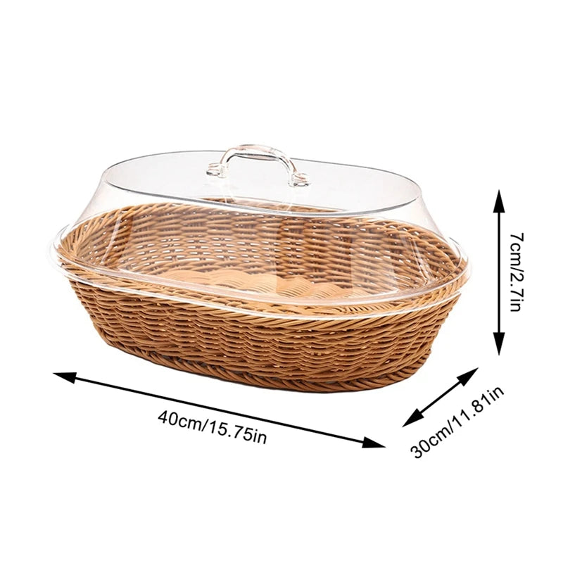 Woven Rattan Basket Bread Basket with Acrylic Lid Tabletop Woven Fruit Basket with Cover Imitation Rattan Bread Basket Decor