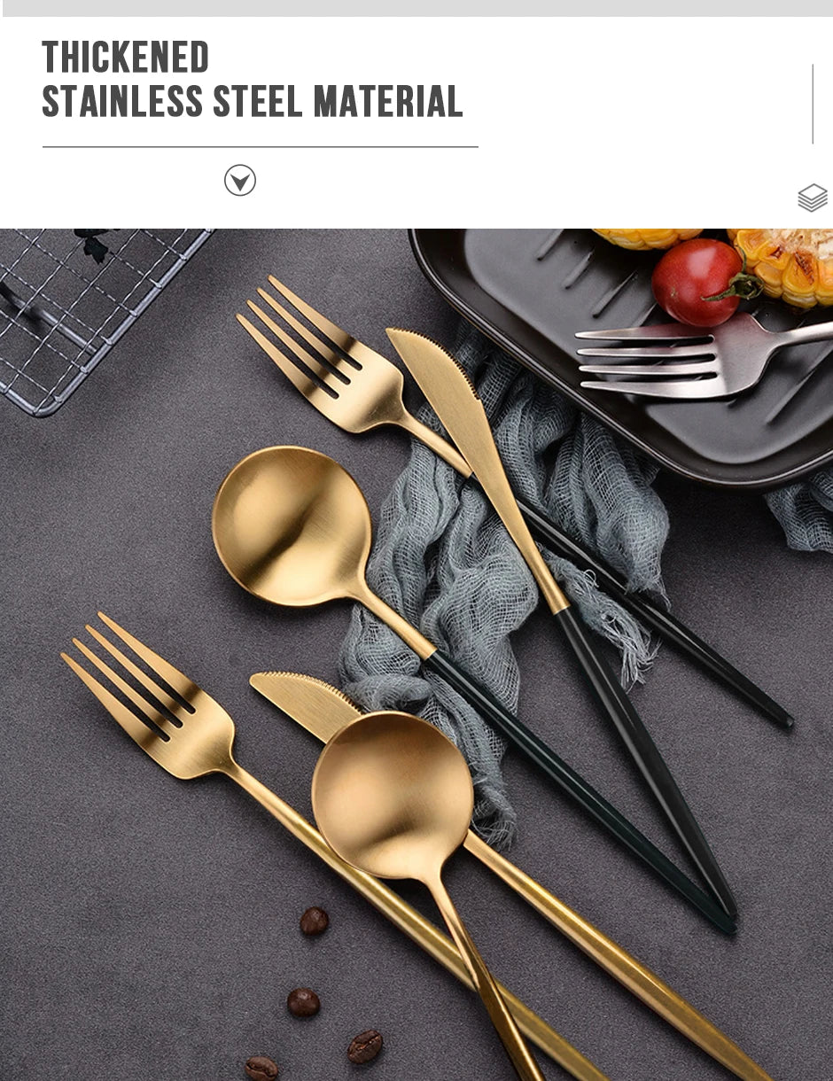 24Pcs Stainless Steel Dinnerware Set Black Gold Cutlery Spoon Fork Knife Western Cutleri Silverware Flatware Tableware Supplies