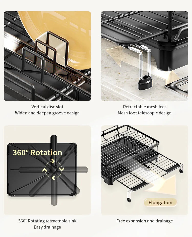 Dish Drying Rack, Dish Rack with Drainboard, Kitchen Expandable Dish Drying Rack with Rotatable Swivel Spout and Utensil Holder