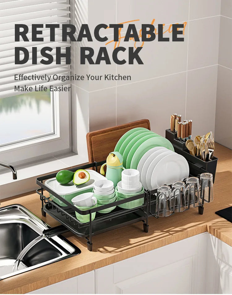 Dish Drying Rack, Dish Rack with Drainboard, Kitchen Expandable Dish Drying Rack with Rotatable Swivel Spout and Utensil Holder