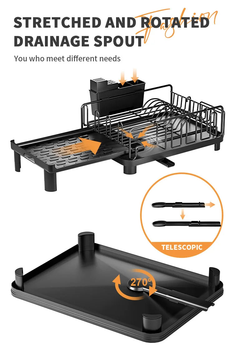 Dish Drying Rack, Dish Rack with Drainboard, Kitchen Expandable Dish Drying Rack with Rotatable Swivel Spout and Utensil Holder