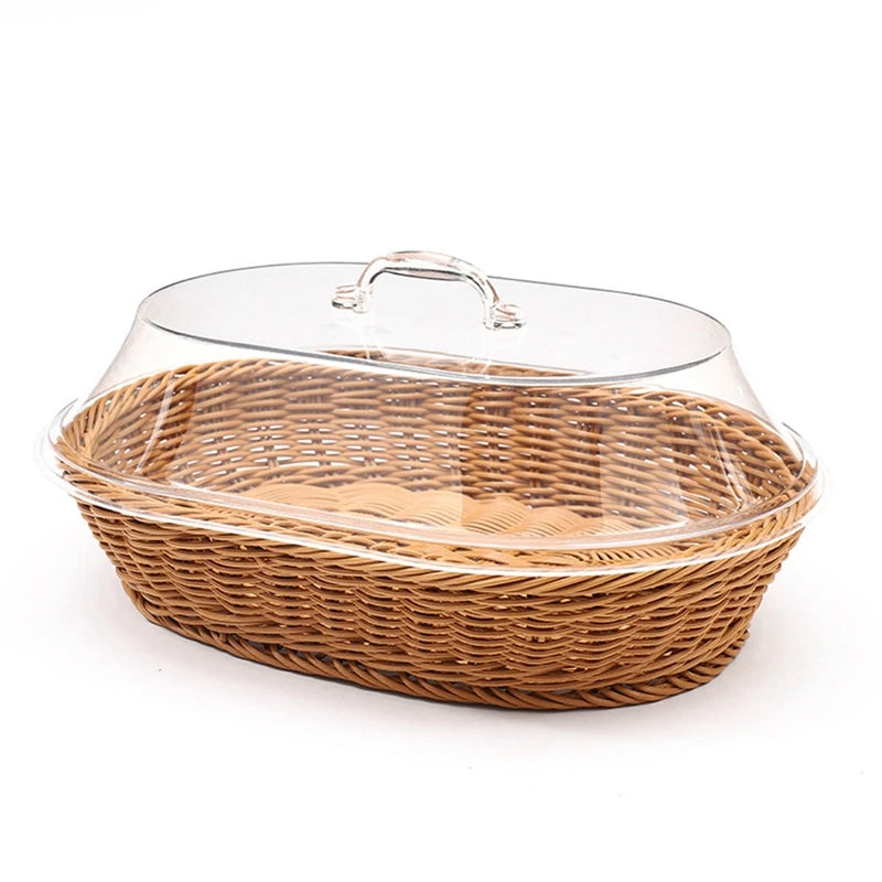 Woven Rattan Basket Bread Basket with Acrylic Lid Tabletop Woven Fruit Basket with Cover Imitation Rattan Bread Basket Decor