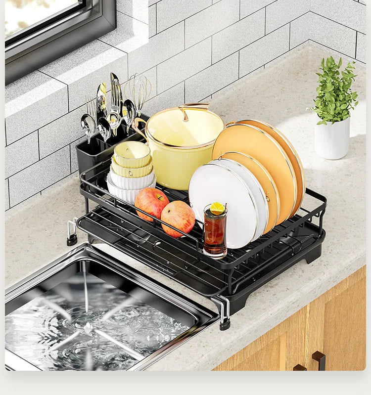 Dish Drying Rack, Dish Rack with Drainboard, Kitchen Expandable Dish Drying Rack with Rotatable Swivel Spout and Utensil Holder