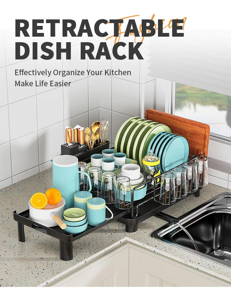 Dish Drying Rack, Dish Rack with Drainboard, Kitchen Expandable Dish Drying Rack with Rotatable Swivel Spout and Utensil Holder