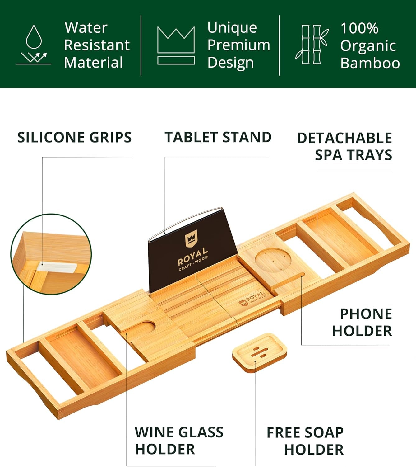 Premium Foldable Bathtub Tray - Wood Bath Tray for Tub, Bamboo Bathtub Shelf, Expandable Bath Table Tray, Luxury Bathtub & Bathroom Accessories for New Home & Unique Gift for Women