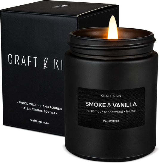 Premium Smoke & Vanilla Candle | Black Scented Candles for Men | Long Lasting with 45 Hour Burn Time, 7.6Oz | Made with Soy | Aromatherapy at Home | Gifts for Men