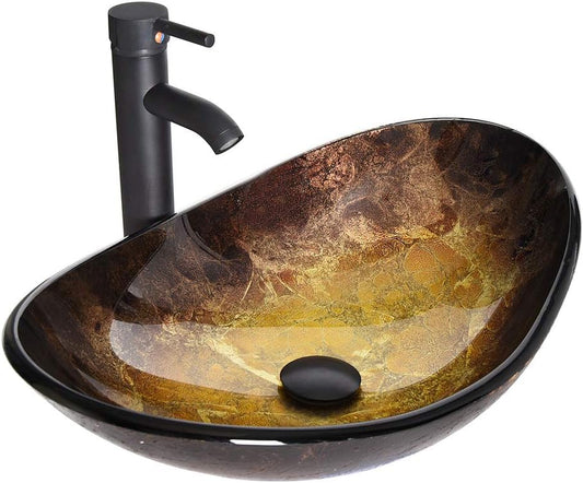 Bathroom Vessel Sink, Boat Shape Bathroom Artistic Glass Vessel Bowl Basin with Free Oil Rubbed Bronze Faucet and Pop-Up Drain, Gold Ingot