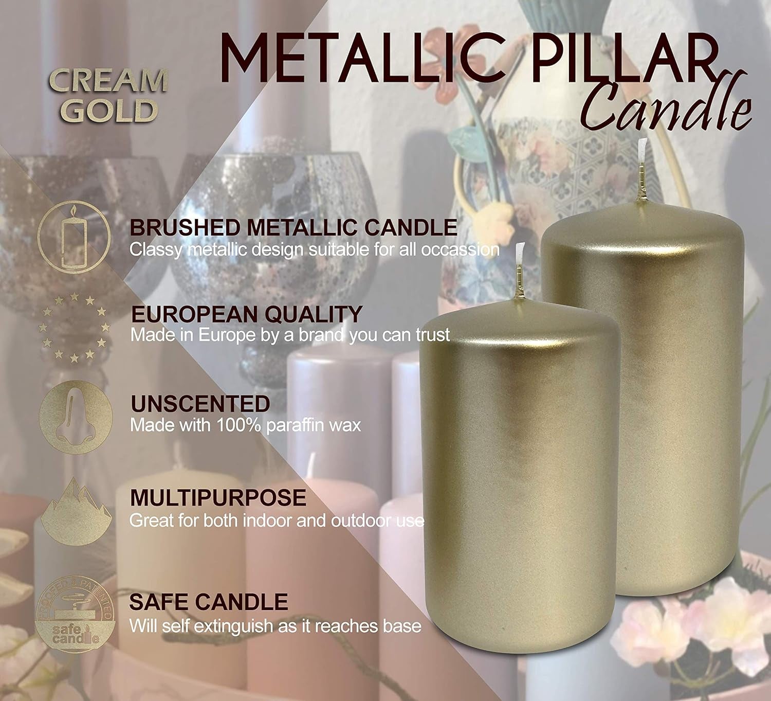 Metallic Pillar Candles - 6 Pack - Cream Gold Pillar Candles - European Made Decorative Pillar Candles - 2.75 Inch X 5 Inch