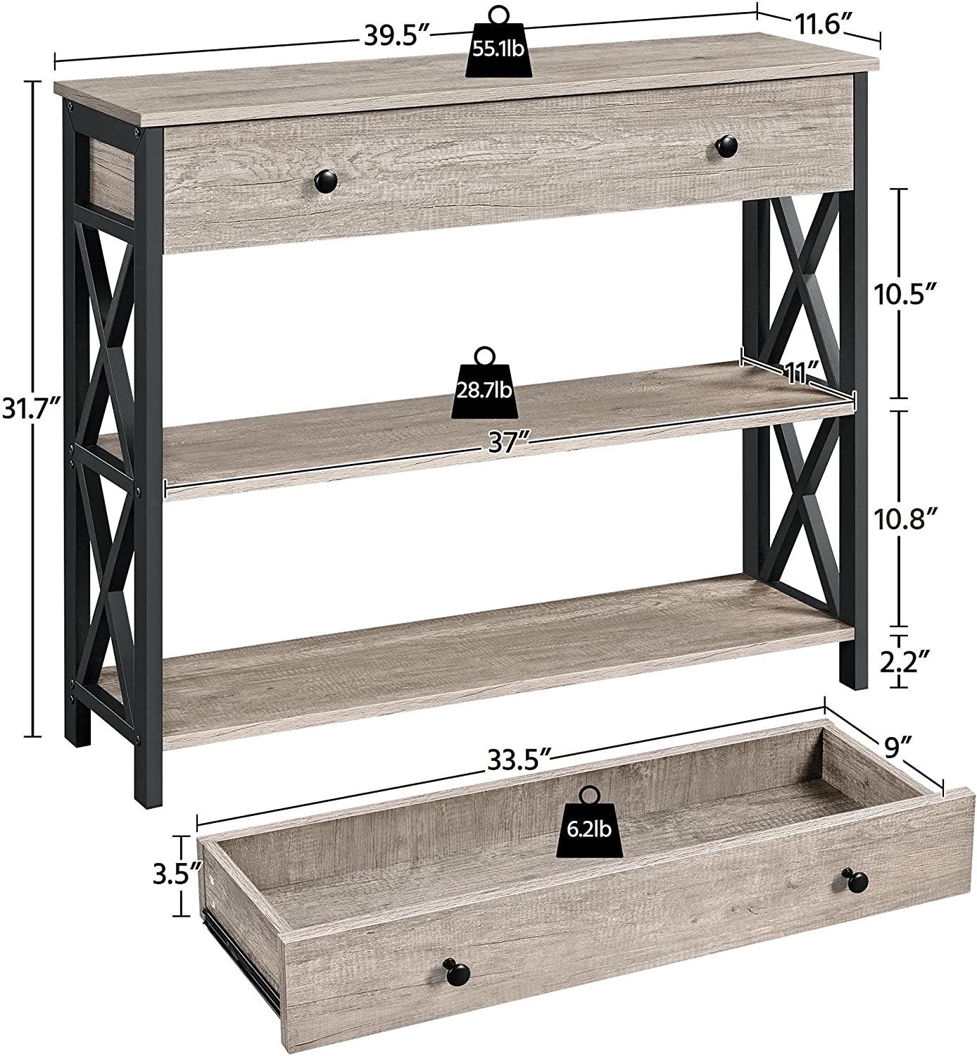 Console Table with Drawer, Entryway Table with 3 Tier Storage Shelves, Narrow Long Sofa Table for Entryway, Living Room, Hallway, Couch, Kitchen, Metal Frame, Gray