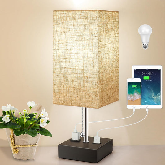 3 Color Temperature Oatmeal Table Lamp with USB Port and AC Outlet Bedside Lamps for Bedroom Nightstand Lamps Bed Small Desk Lamps for Office