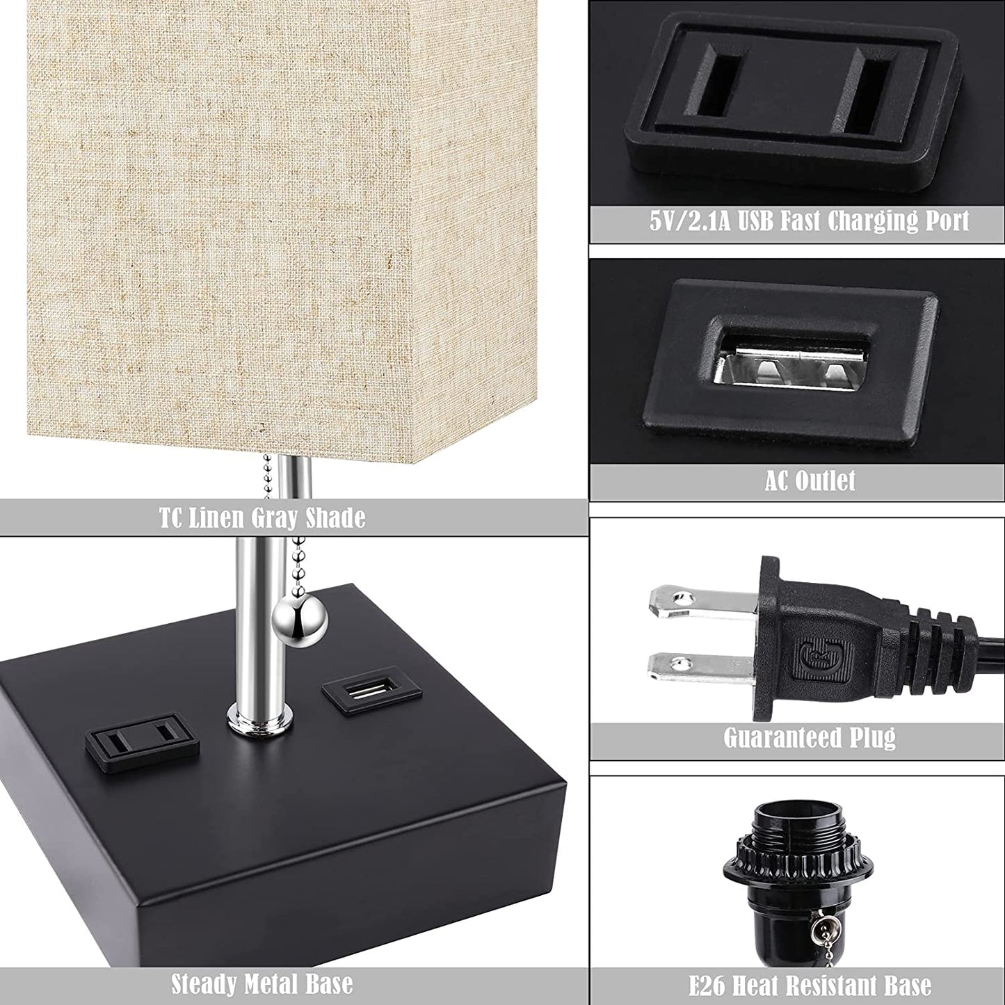 3 Color Temperature Oatmeal Table Lamp with USB Port and AC Outlet Bedside Lamps for Bedroom Nightstand Lamps Bed Small Desk Lamps for Office