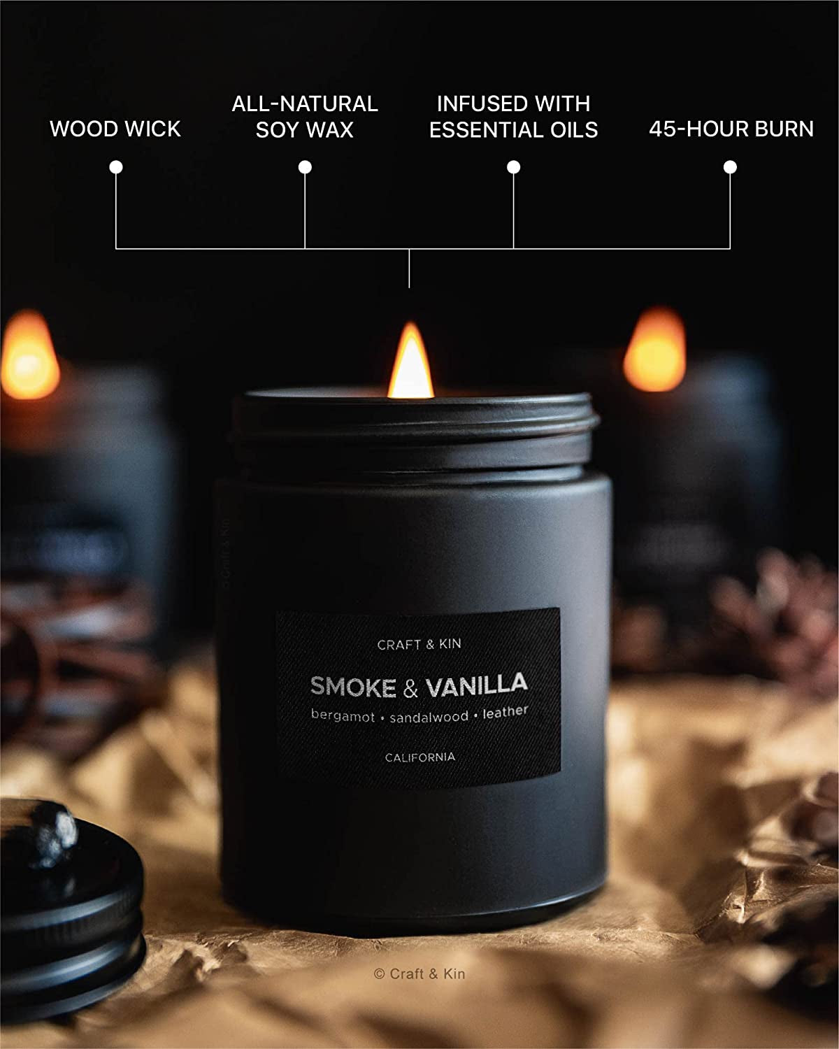 Premium Smoke & Vanilla Candle | Black Scented Candles for Men | Long Lasting with 45 Hour Burn Time, 7.6Oz | Made with Soy | Aromatherapy at Home | Gifts for Men