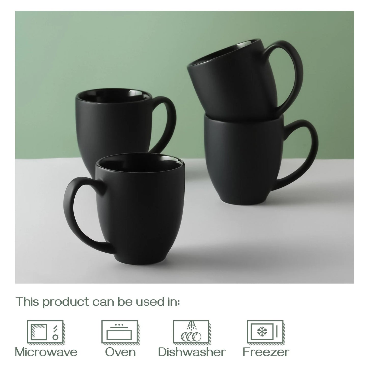 Matte Black Frosted Mugs, 16Oz Porcelain Coffee Mug Set of 4, Ceramic Coffee Mugs with Large Handles for Men Women, Ceramic Latte Large Mugs, Black