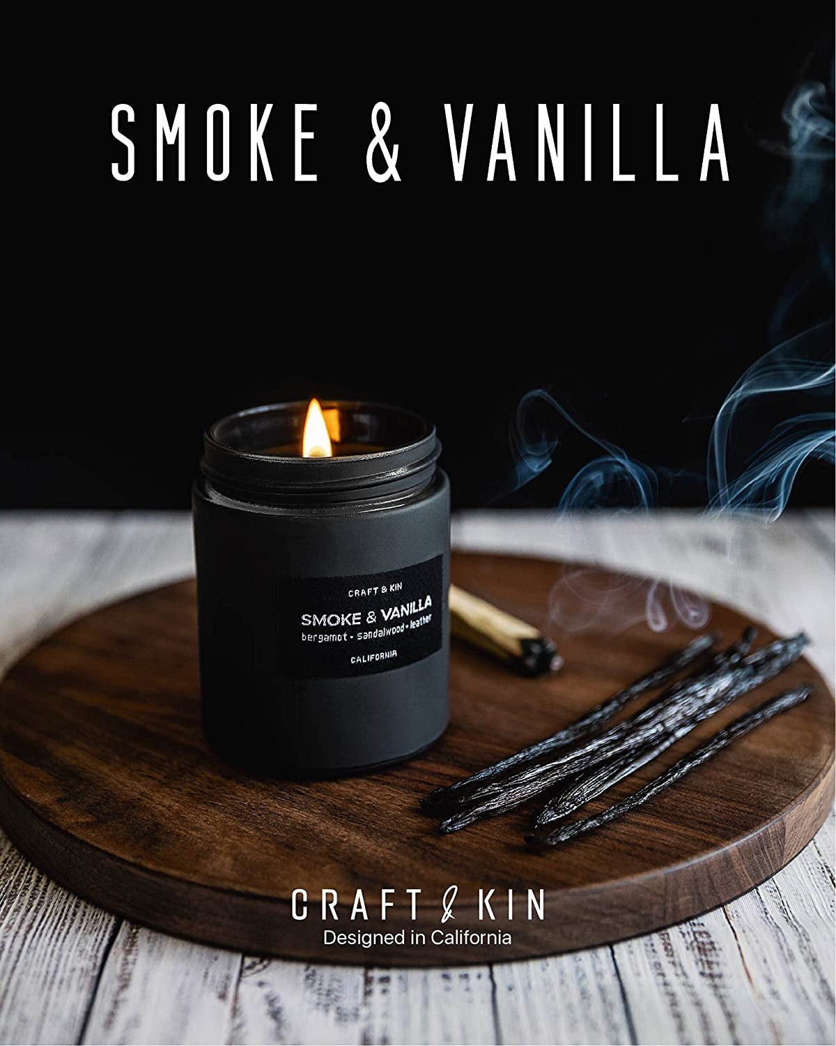 Premium Smoke & Vanilla Candle | Black Scented Candles for Men | Long Lasting with 45 Hour Burn Time, 7.6Oz | Made with Soy | Aromatherapy at Home | Gifts for Men