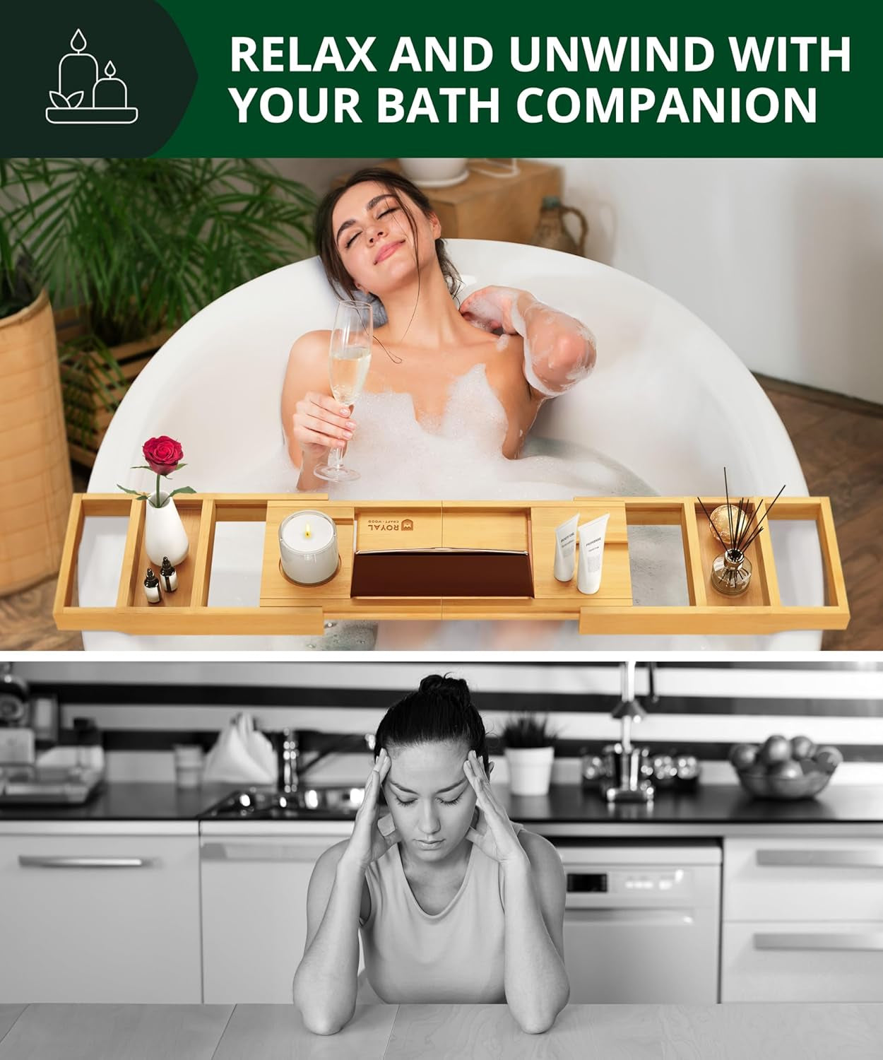 Premium Foldable Bathtub Tray - Wood Bath Tray for Tub, Bamboo Bathtub Shelf, Expandable Bath Table Tray, Luxury Bathtub & Bathroom Accessories for New Home & Unique Gift for Women